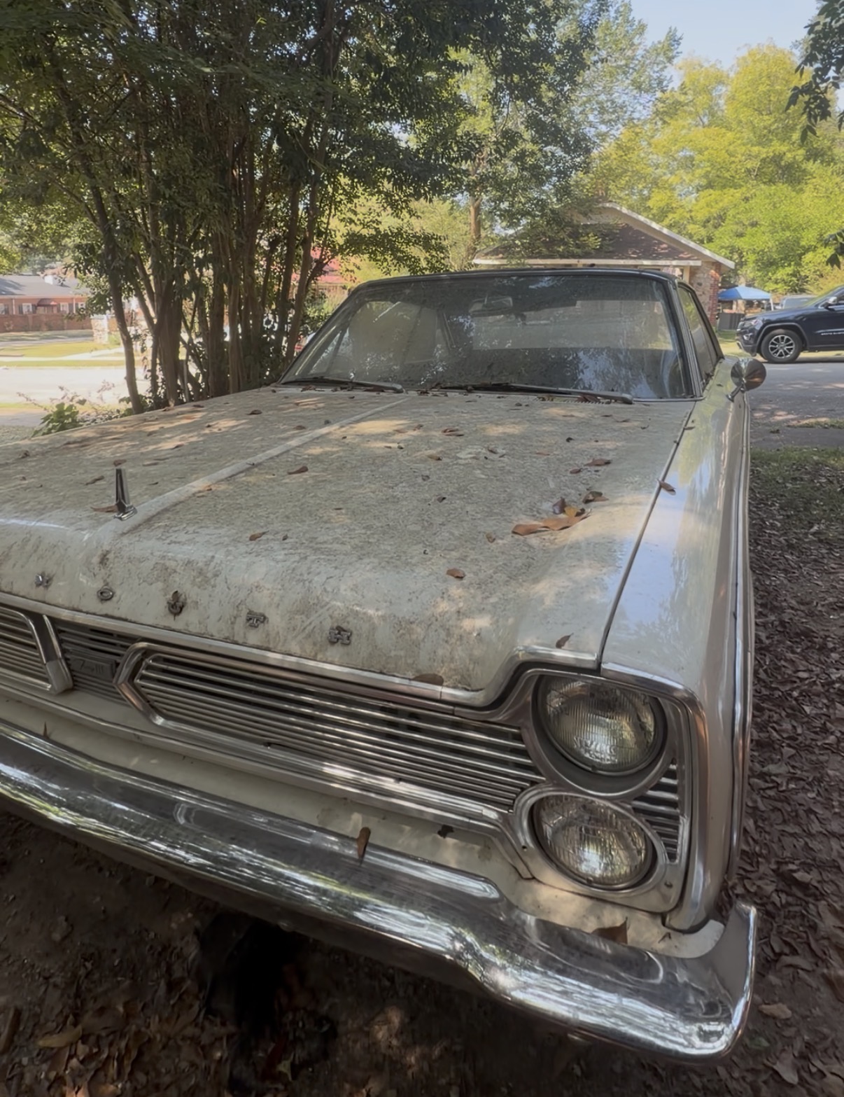 Classic Plymouth before detailing, with visible dirt and leaves on the hood
